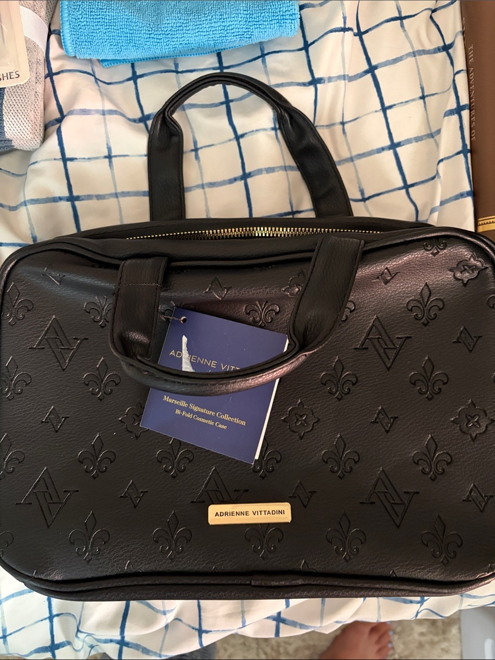 Adrienne Vittadini Black Embossed Leather Toiletry Bag